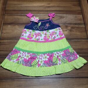 XOXO Girls Sleeveless Summer Dress Green White & Pink Denim Top - Size 6